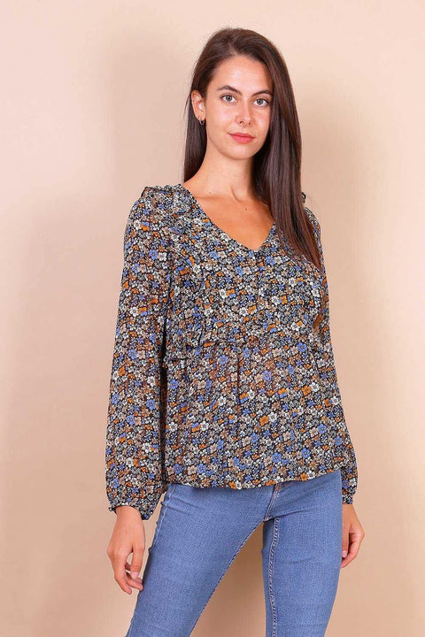 Black Ditsy Floral Blouse With Frill Detail - Lilura London