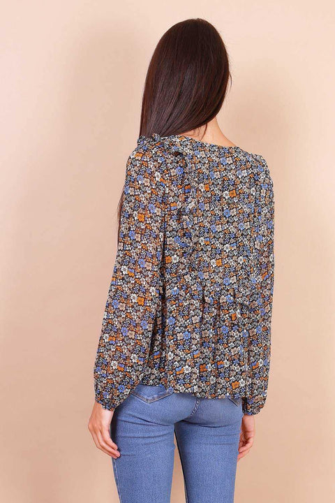 Black Ditsy Floral Blouse With Frill Detail - Lilura London