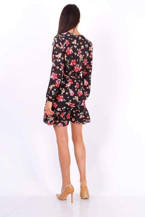 Black Floral Print Tie Neck Shift Dress - Lilura London