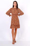 Camel Ditsy Floral Long Sleeve Frill Hem Dress - Lilura London