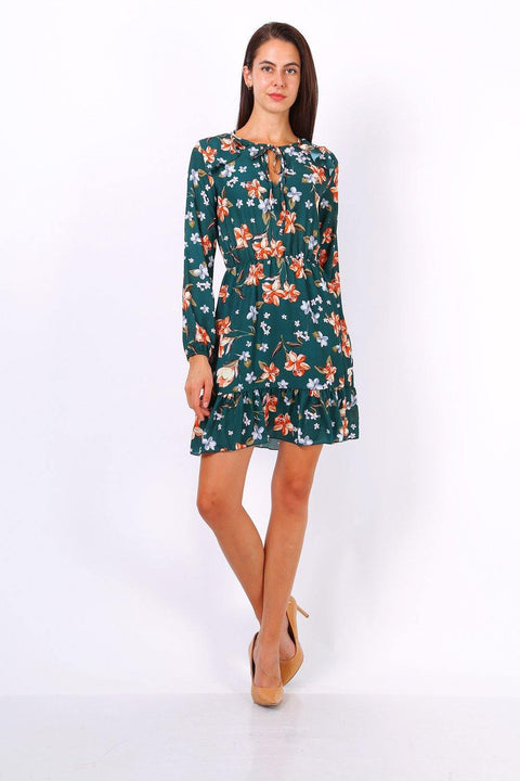 Green Floral Print Tie Neck Shift Dress - Lilura London