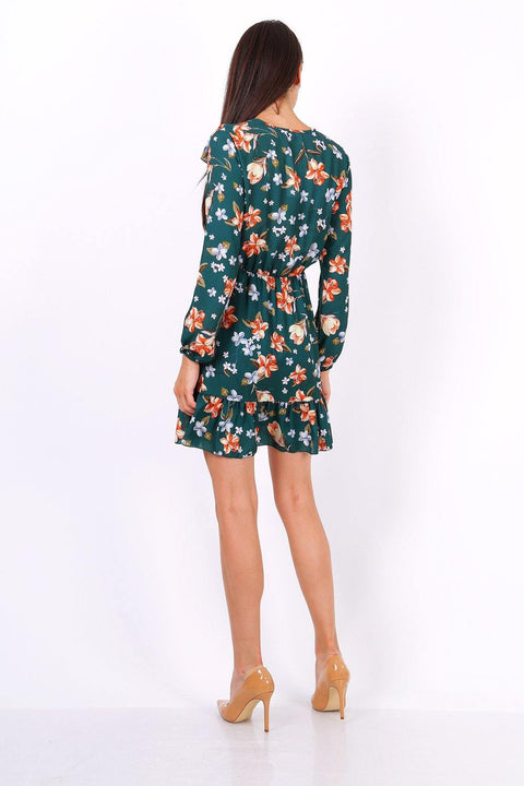 Green Floral Print Tie Neck Shift Dress - Lilura London