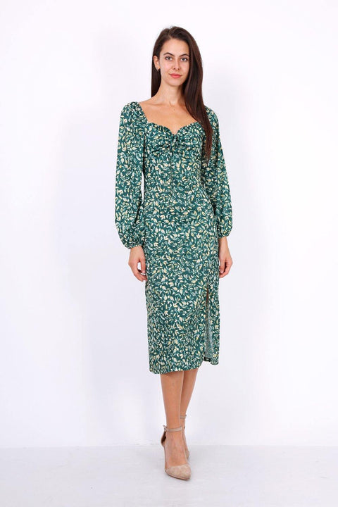 Leaf Print Ruched Neckline Midi Dress In Green - Lilura London