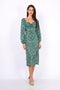 Leaf Print Ruched Neckline Midi Dress In Green - Lilura London