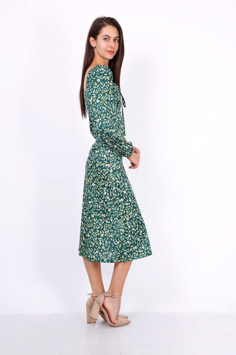 Leaf Print Ruched Neckline Midi Dress In Green - Lilura London