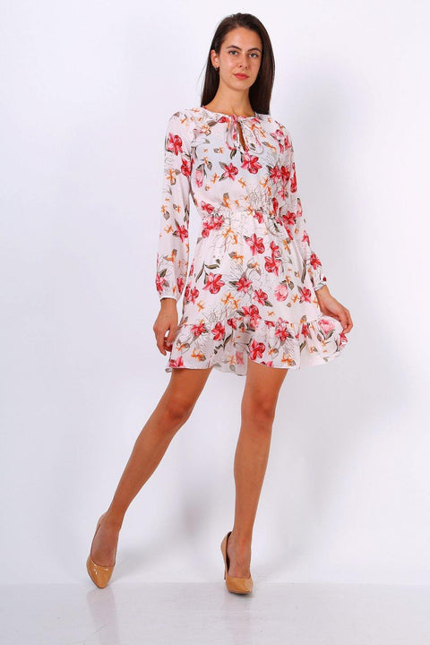 White Floral Print Tie Neck Shift Dress - Lilura London