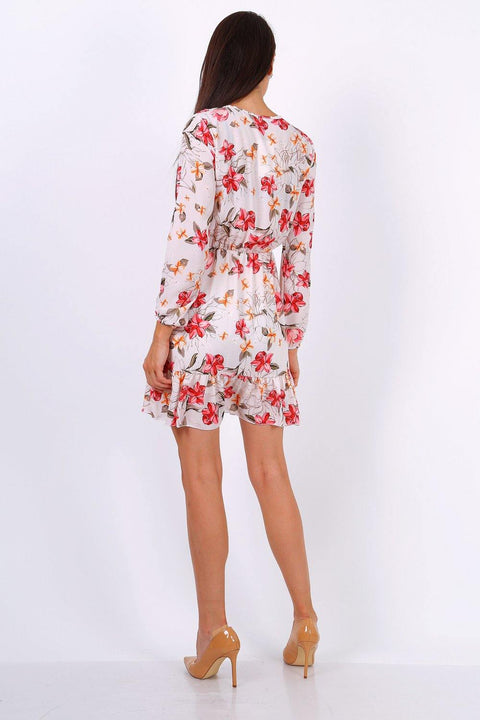 White Floral Print Tie Neck Shift Dress - Lilura London