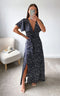 Wrap Front Split Leg Maxi Dress In Navy Polka Dot Print