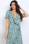 Green Floral Print Frill Wrap Midi Dress - Lilura London