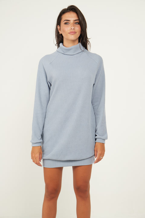 Blue Jumper Dress With Roll Neck And Pockets - Lilura London