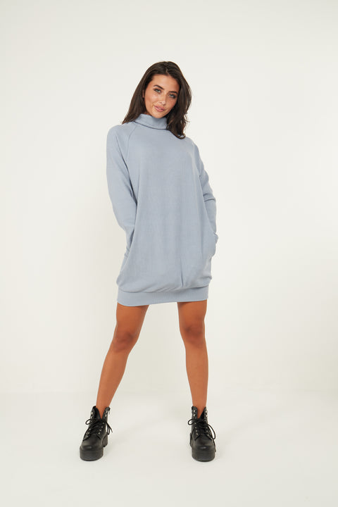 Blue Jumper Dress With Roll Neck And Pockets - Lilura London