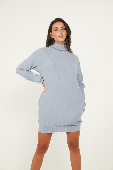 Blue Jumper Dress With Roll Neck And Pockets - Lilura London