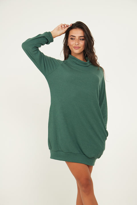 Jumper Dress With Roll Neck And Pockets In Green - Lilura London