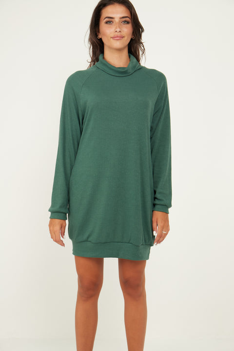 Jumper Dress With Roll Neck And Pockets In Green - Lilura London