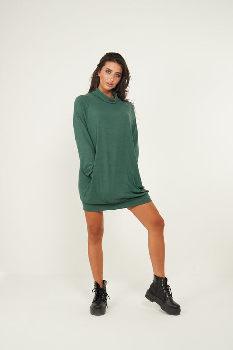 Jumper Dress With Roll Neck And Pockets In Green - Lilura London