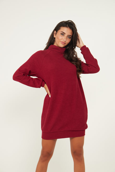 Jumper Dress With Roll Neck And Pockets In Wine - Lilura London