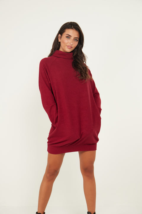 Jumper Dress With Roll Neck And Pockets In Wine - Lilura London