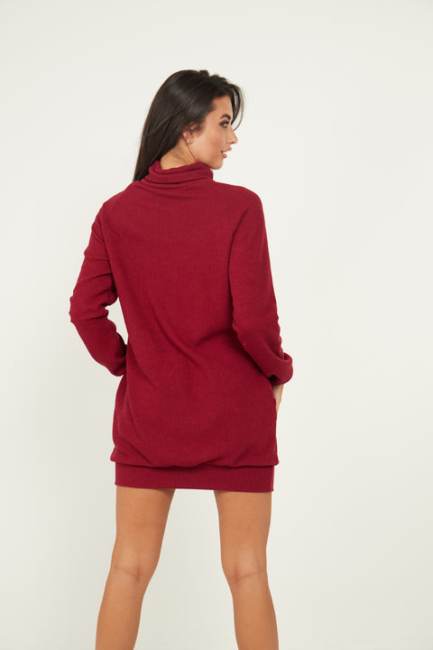 Jumper Dress With Roll Neck And Pockets In Wine - Lilura London