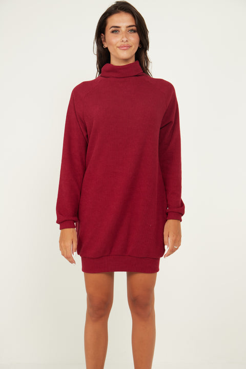 Jumper Dress With Roll Neck And Pockets In Wine - Lilura London