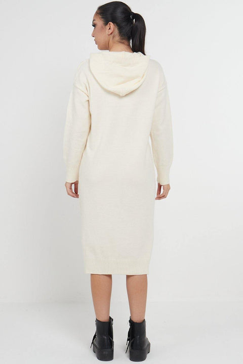 Longline Hooded Jumper Dress In Beige - Lilura London