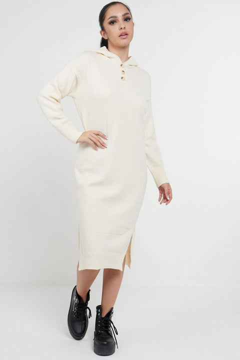 Longline Hooded Jumper Dress In Beige - Lilura London