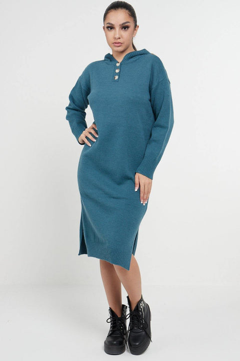 Longline Hooded Jumper Dress In Jade Green - Lilura London