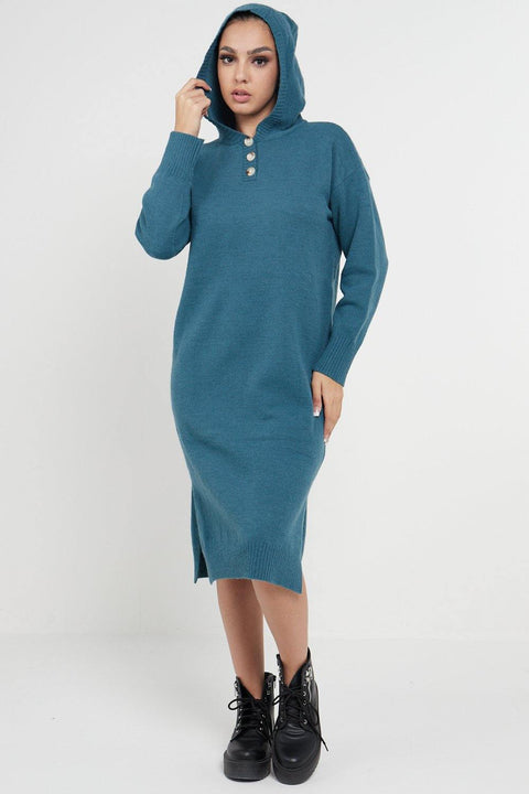 Longline Hooded Jumper Dress In Jade Green - Lilura London