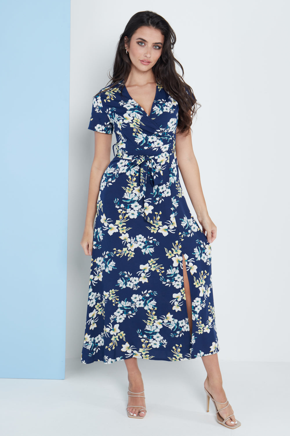 Navy wrap store front maxi dress